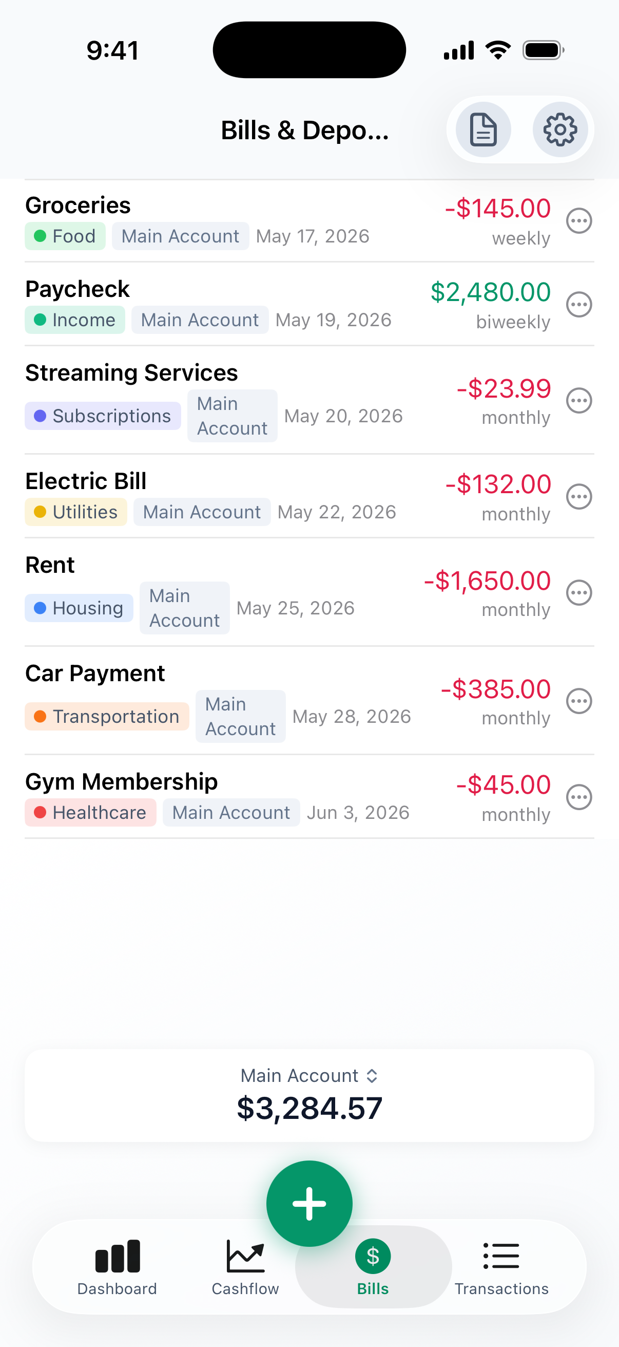 Bills & Deposits list