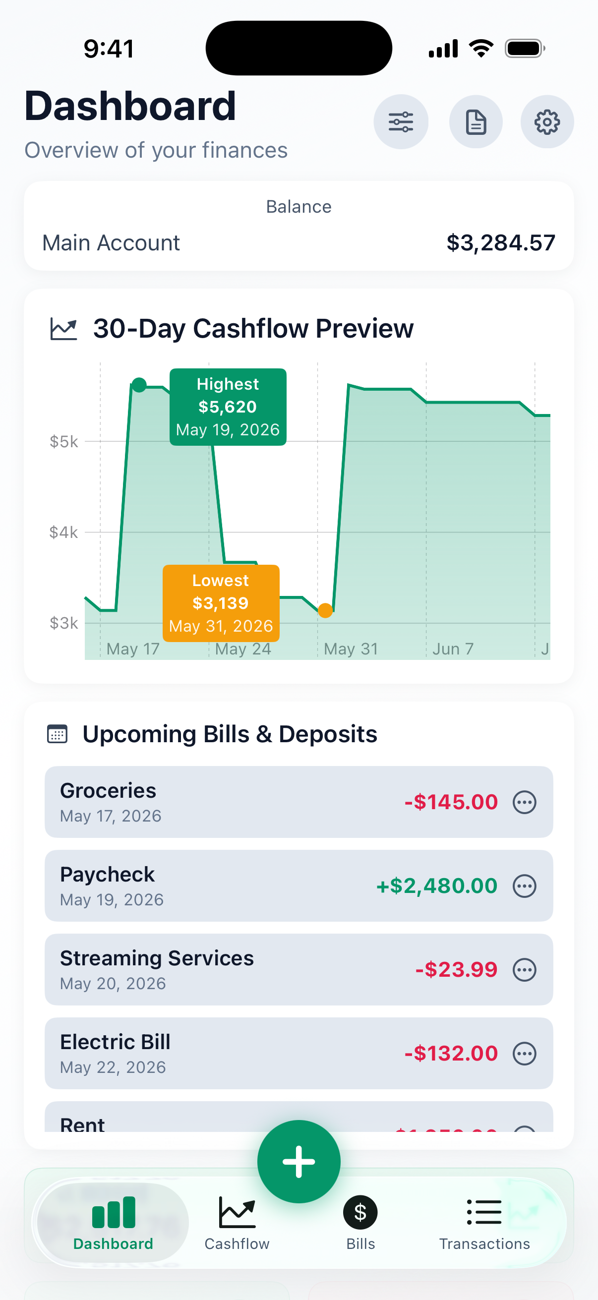 Dashboard — balance, 90-day chart, upcoming bills